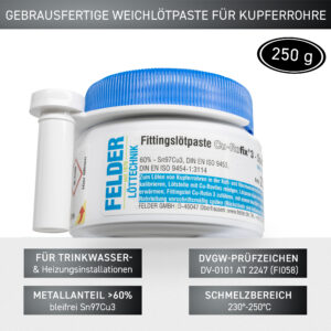 Felder Fittings soldering paste Cu-Rofix 3-Special lead-free, soft soldering copper pipe, metal content >60% Sn97Cu3, 250g tin with brush and brush holder